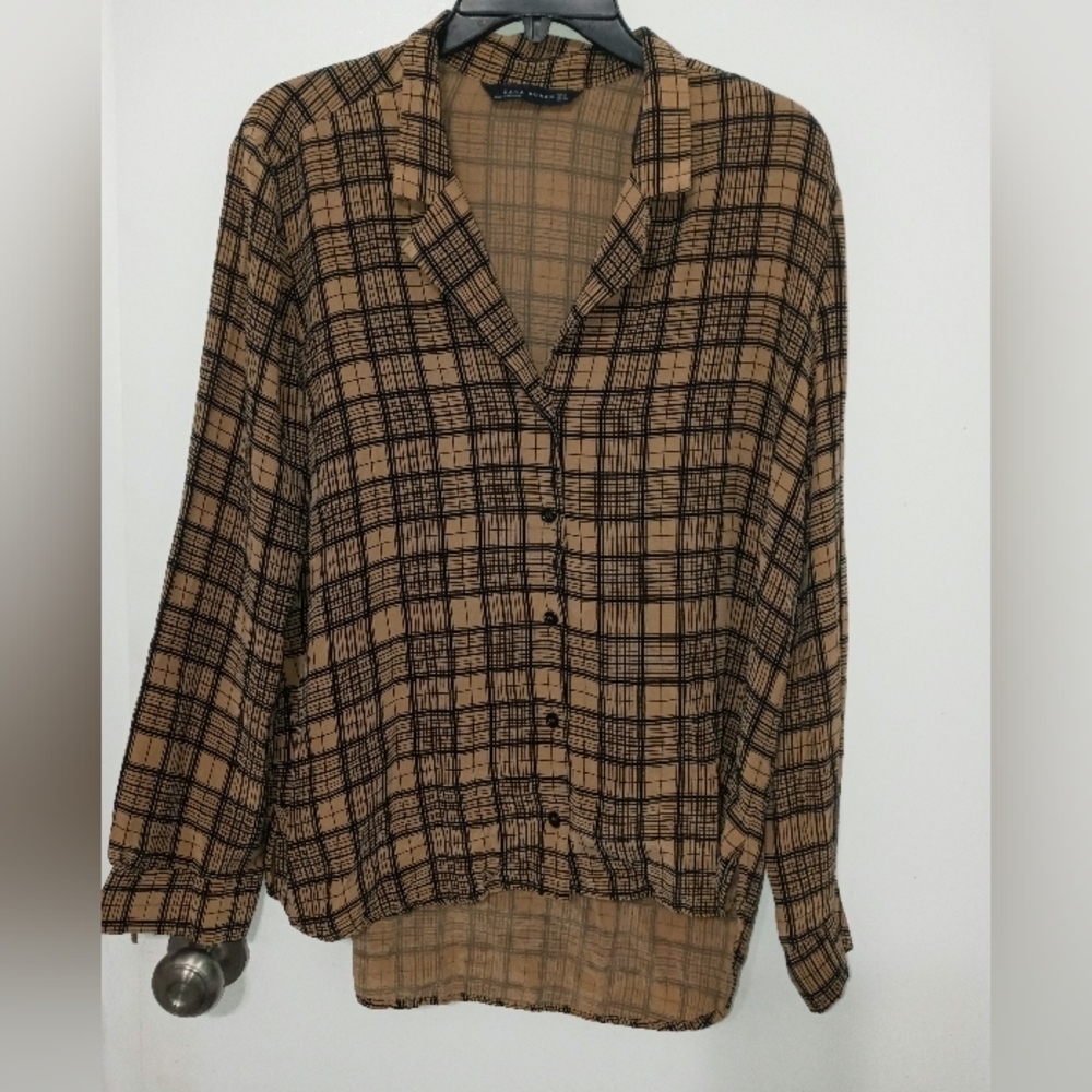 Zara Woman Long Sleeve Beige black Plaid Button Down High Low Blouse Small